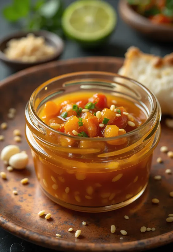 Chili- og limesaus med sesam servert