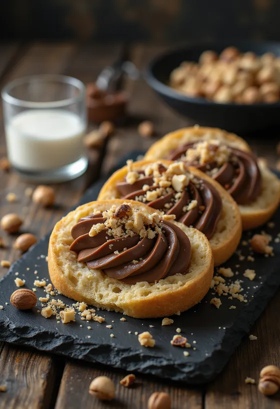 Turrón-skiver pyntet med Nutella og hasselnøtter