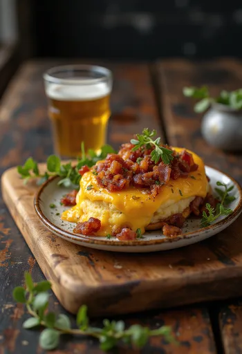 Welsh rarebit med bacon servert, i ostesaus, på ristet brød, med sprø baconbiter