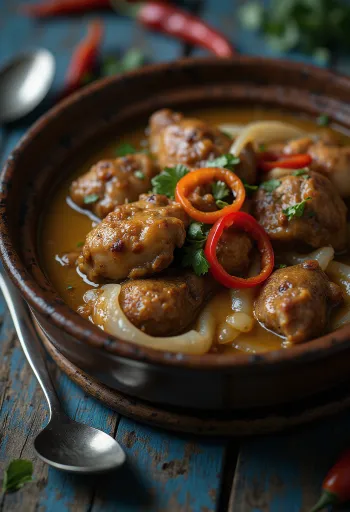 Adobo med kokosmelk, rik, krydret rett servert med ris og koriander