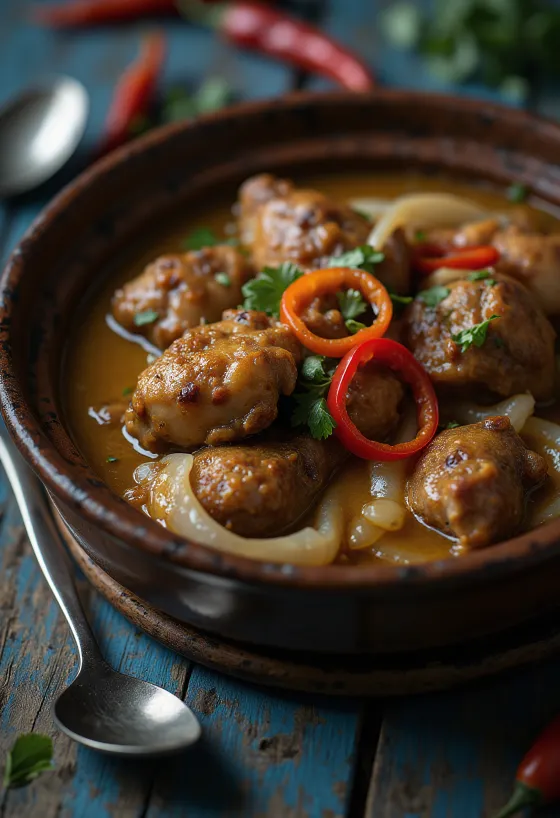 Adobo med kokosmelk, rik, krydret rett servert med ris og koriander