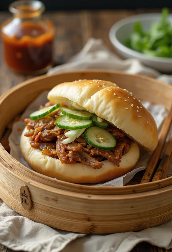 Bao buns med BBQ-oksekjøtt servert