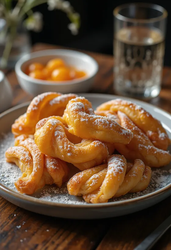 Ungarsk fattigmann drysset med melis, servert med syltetøy