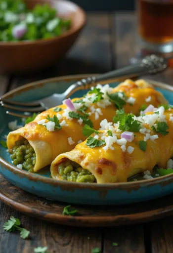 Enchilada med grønnsaker, grønn enchiladasaus og frisk koriander
