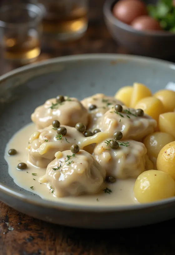 Königsberger Klopse servert med kaperssaus