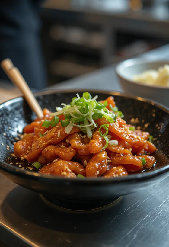 Ojingeochae Muchim, koreansk blekksprutsalat, med sesamolje og chilipulver