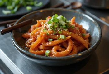 Ojingeochae Muchim, koreansk blekksprutsalat, med sesamolje og chilipulver