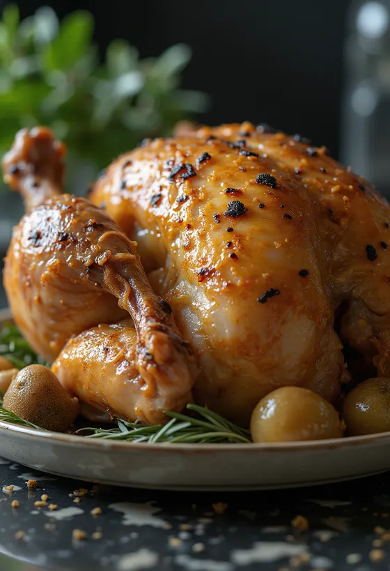 Roast capon with truffle butter servert med ovnsbakte grønnsaker.