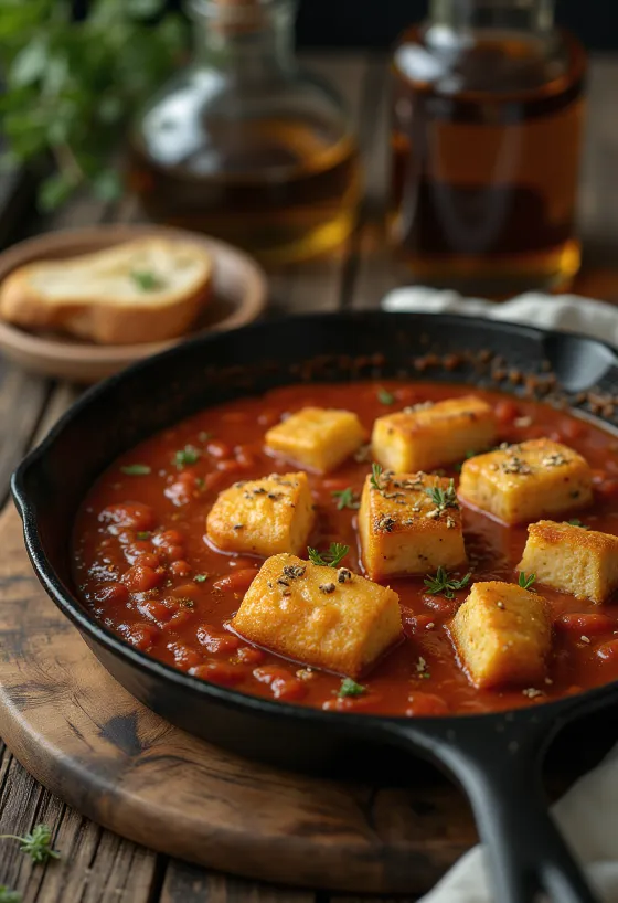 Stekt tofu i krydret tomatsaus servert