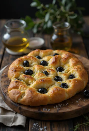 Focaccia med ansjos og oliven i stykker
