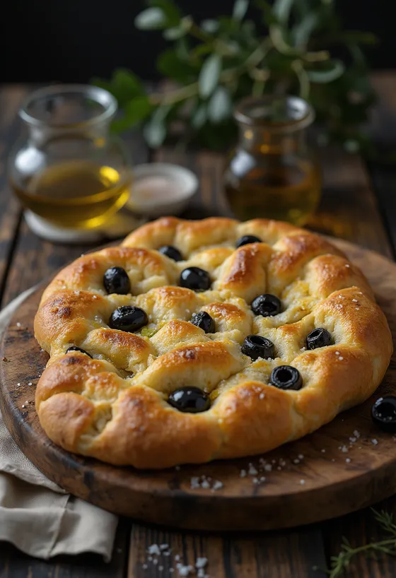 Focaccia med ansjos og oliven i stykker