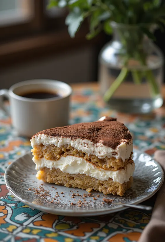 Kremet tiramisukake med lag av kaffedyppet kjeks og mascarponekrem, drysset med kakaopulver.