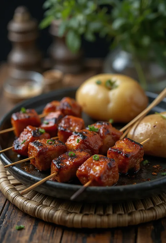 Anticuchos-spyd servert med grillede grønnsaker