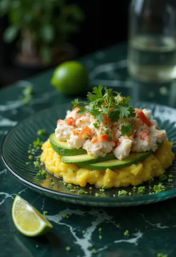 Causa de cangrejo servert med kremete poteter og krabbe, pyntet med frisk koriander