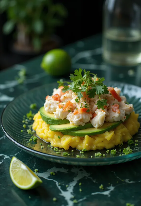 Causa de cangrejo servert med kremete poteter og krabbe, pyntet med frisk koriander