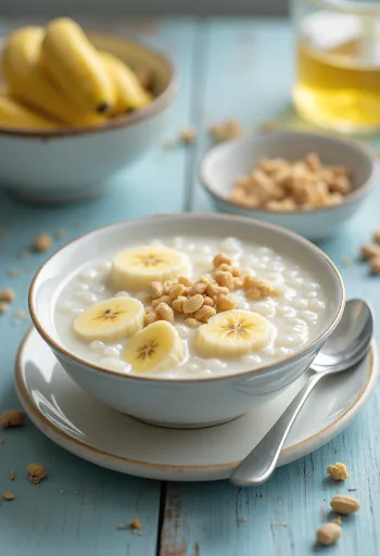 Chè med banan, vietnamesisk kokosdessert med tapioka servert med bananskiver