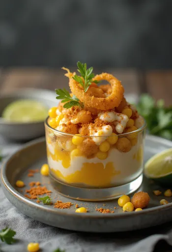 Esquites servert med stekt løk, rømme og koriander