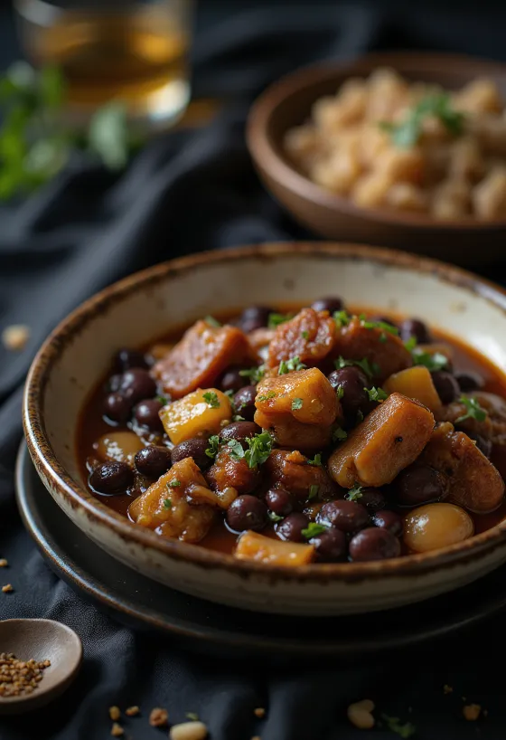 Feijoada med røkte bønner, servert med rikt kjøtt og ferske grønnsaker