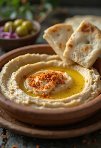 Hummus med silkemyk konsistens, dryppet med olivenolje, servert med pita