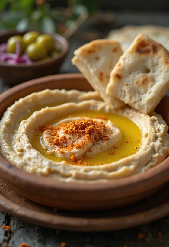 Hummus med silkemyk konsistens, dryppet med olivenolje, servert med pita