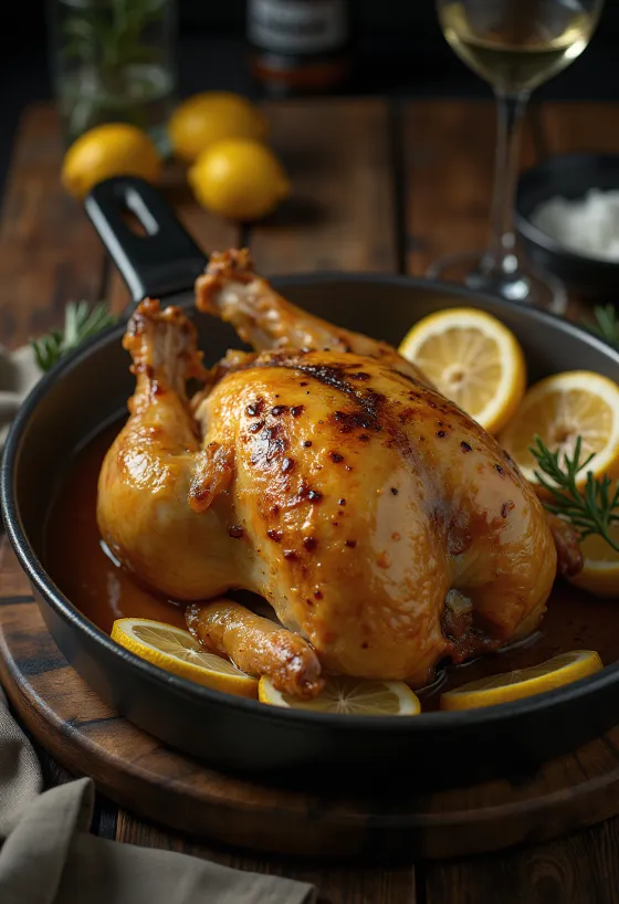 Roast guinea fowl with lemon glaze servert med grønnsaker.