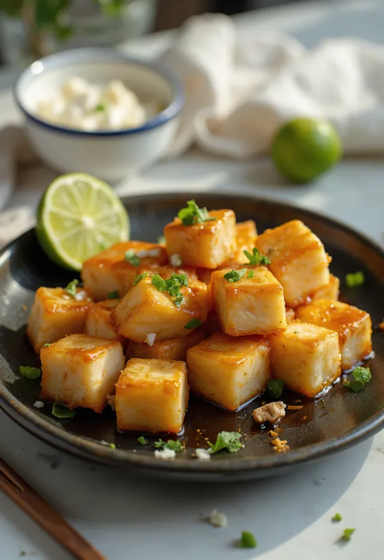 Stekt tofu med limemarinade servert