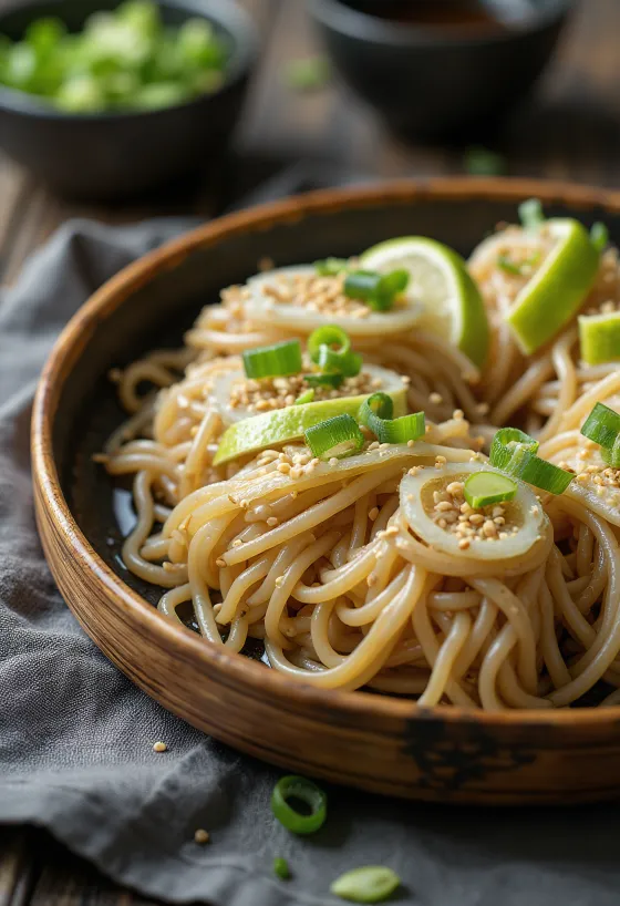 Zaru soba servert med lime, soyasaus, lime og sesamfrø som pynt