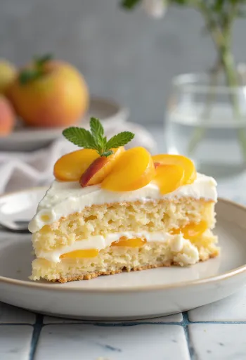 Fersken- og mascarponekake servert