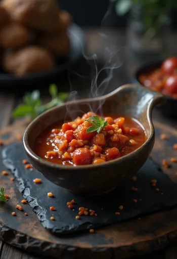 Rød tykk tomatsaus med synlige chiliflak