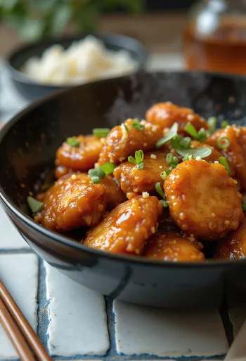 Kyllingbryst i honning- og chilisaus, servert med sesamfrø og koriander
