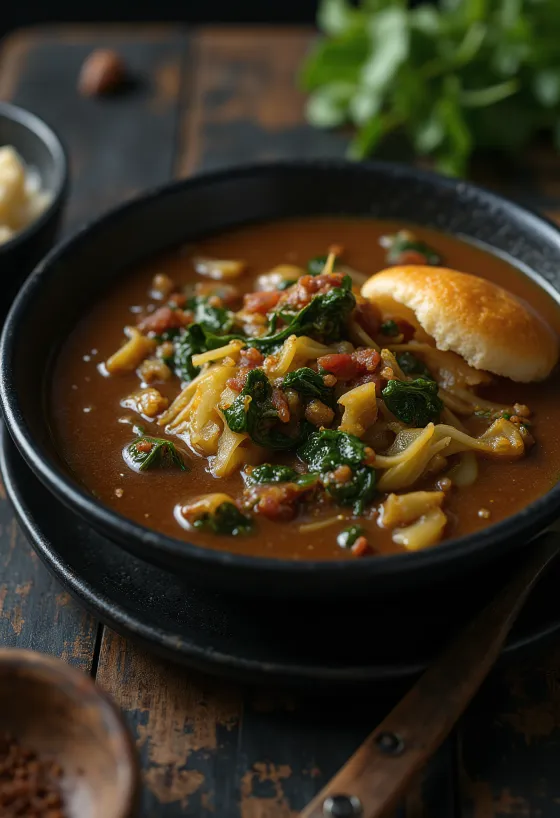 Vegansk Ogbono-suppe servert med grønnsaker og tykk konsistens