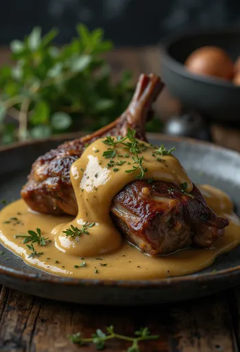 Roast hare with mustard sauce servert elegant.