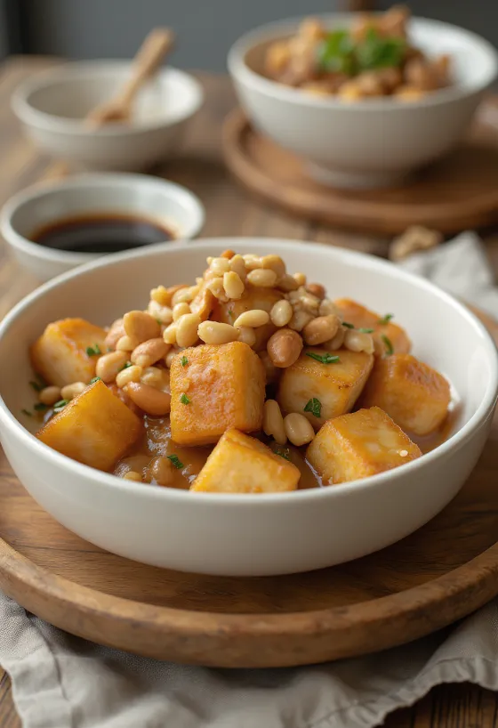 Stekt tofu i peanøttmarinade servert