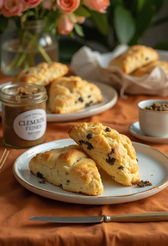Nybagte scones med trøffel servert på fat