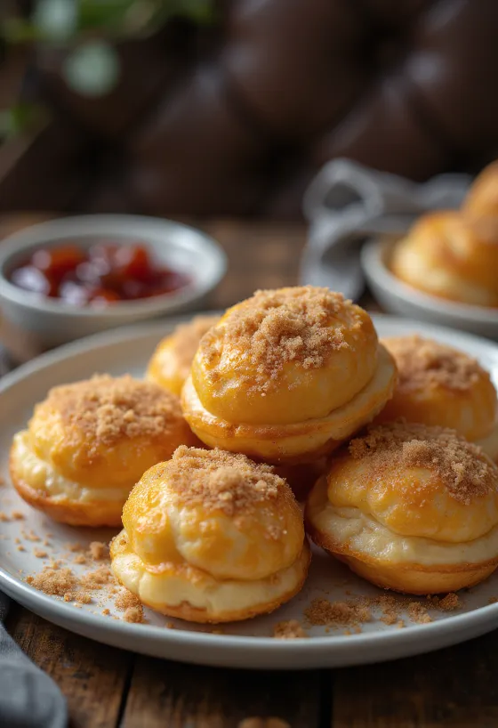Æbleskiver strødd med kanelsukker, ferskt servert