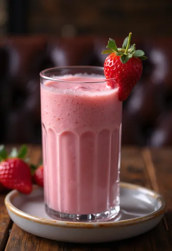 Jordbærsmoothie i høyt glass, pyntet med ferske jordbærskiver