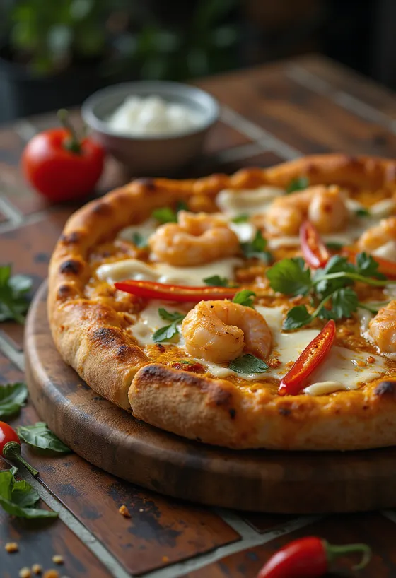 Laksa pizza med malaysisk krydder og reker