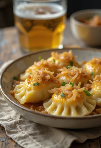 Polske pierogi med surkål, servert med rømme og stekt løk