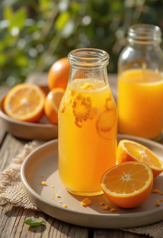 Appelsinkombucha servert i glass med friske appelsinbiter
