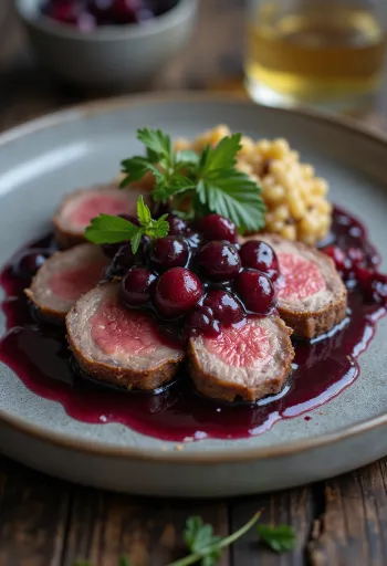 Roast ostrich with berry sauce servert på en tallerken med garnityr.
