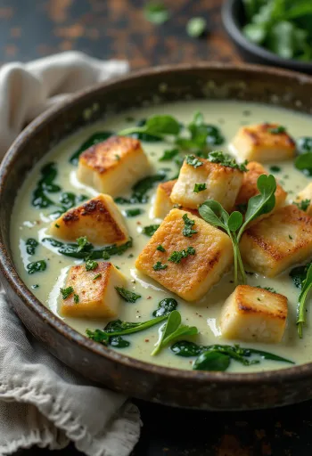 Stekt tofu i spinatsaus servert