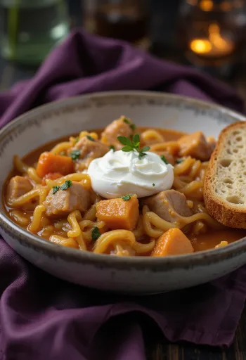 Székelygulyás servert rikelig med rømme, ferskt brød og sterk paprika.
