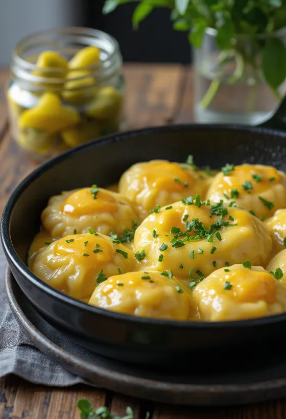 Nokedli med egg drysset med frisk persille, servert med hjemmelaget sylteagurk.