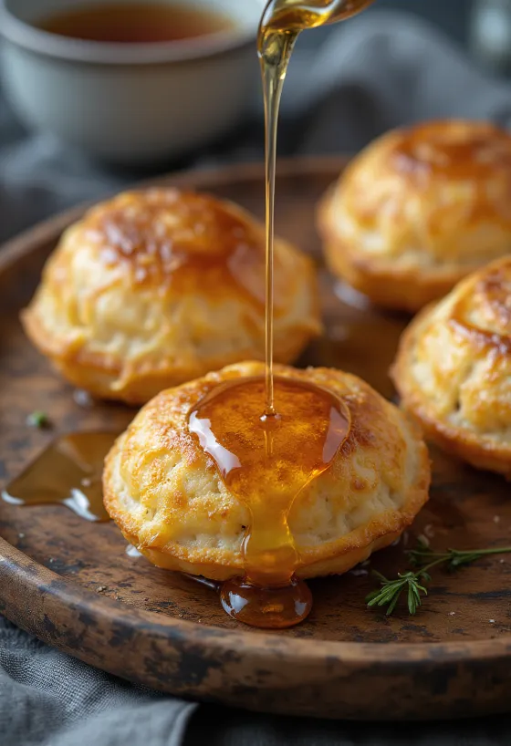 Æbleskiver søtet med honning, ferske og myke munker servert