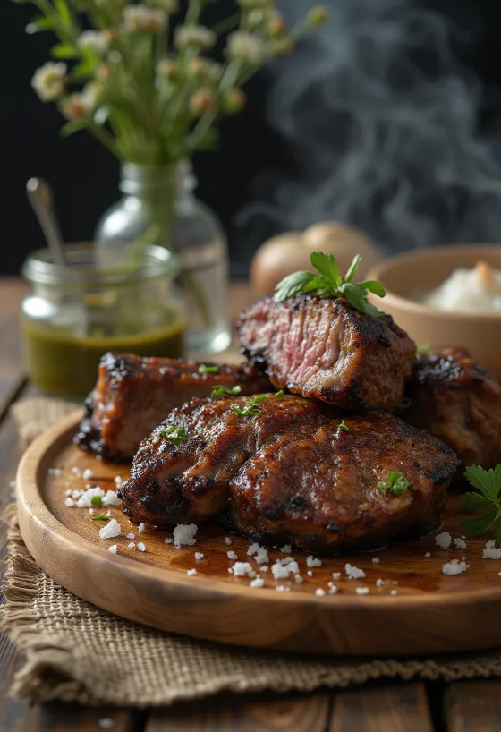 Asado servert med grillede grønnsaker og chimichurri-saus