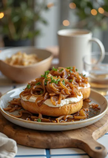 Bagel med løk og kremost, pyntet med frisk persille