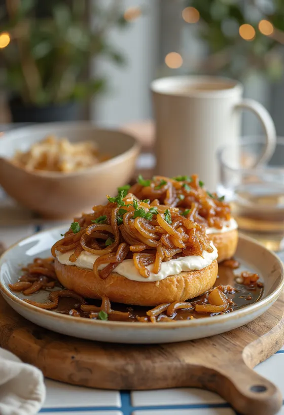 Bagel med løk og kremost, pyntet med frisk persille