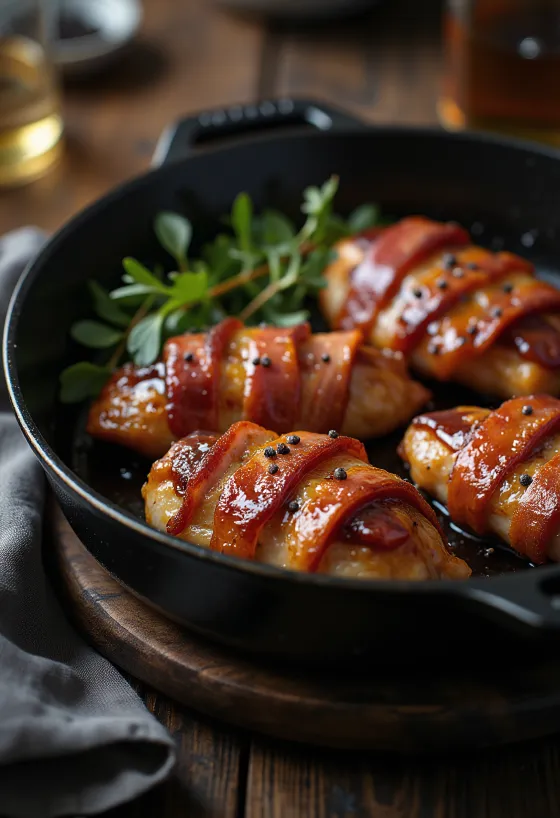 BBQ-bacon-surret kyllingbryst servert saftig