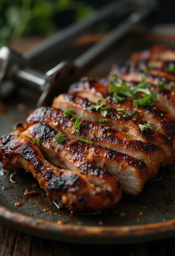 BBQ svinenakke servert med frisk salat og grillede grønnsaker