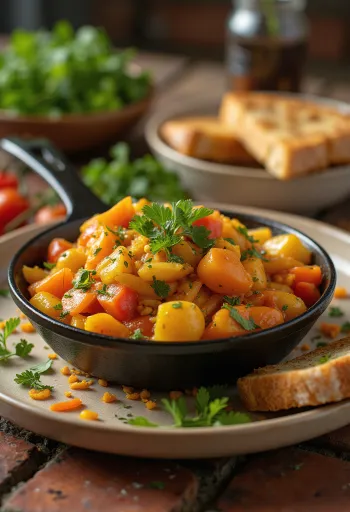 Chakalaka med karri servert i en skål, full av fargerike grønnsaker og urter